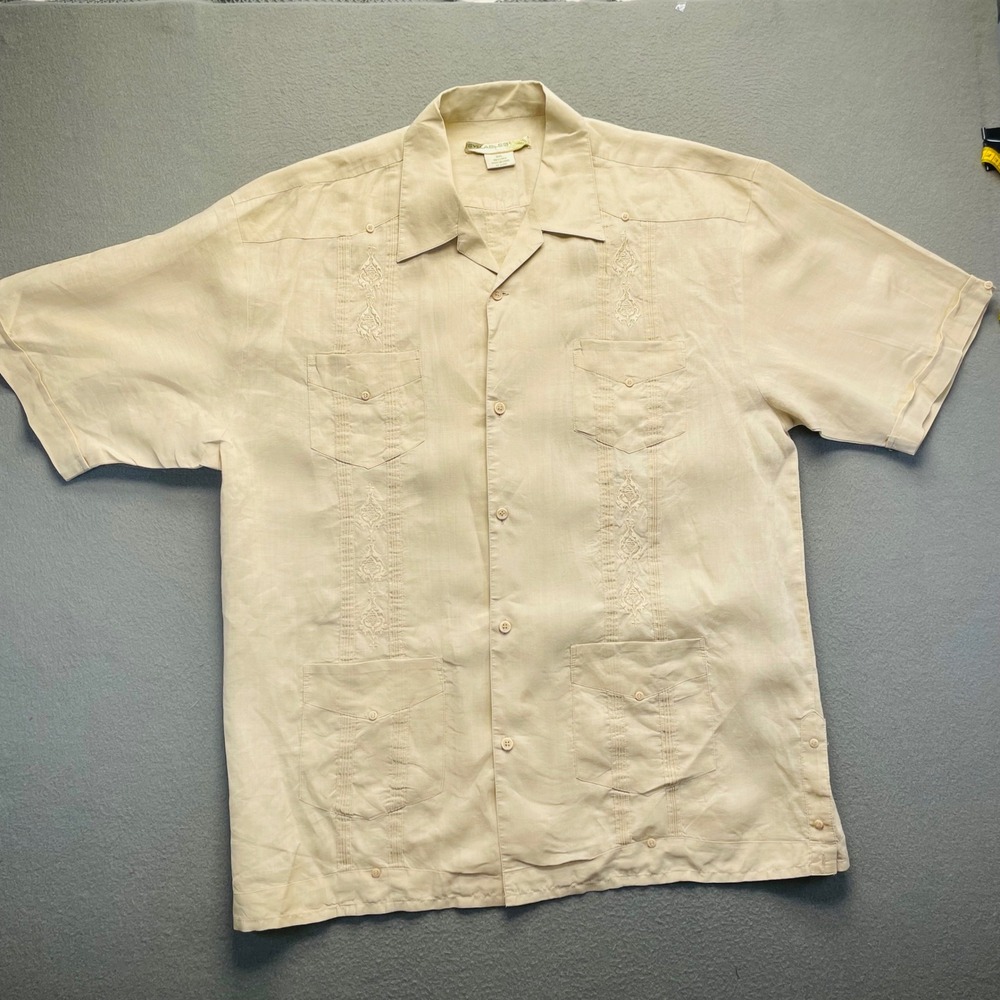 Syllables Men Guayabera Shirt 100% Linen XXL Beige Embroidered Short Sleeve
